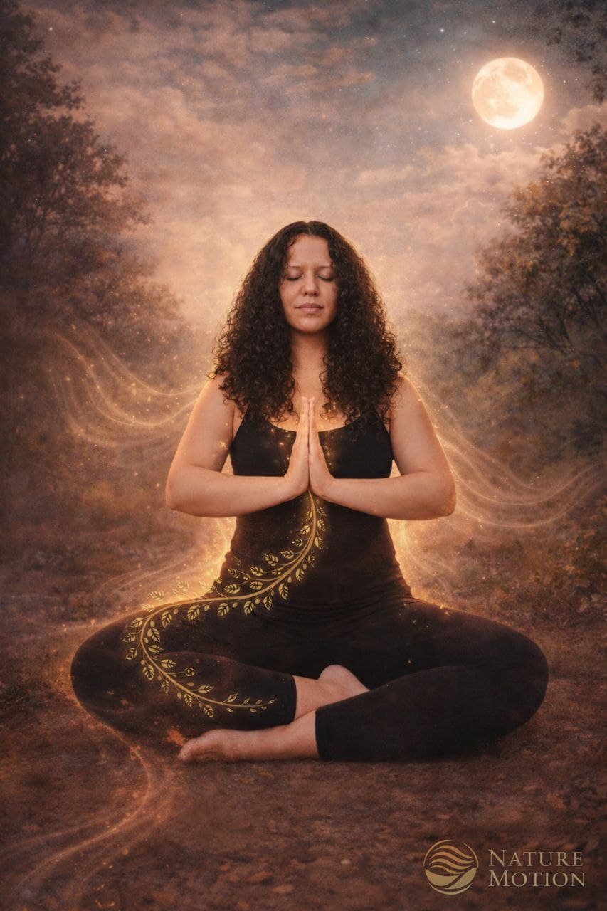 Marcelly in meditative breath pose under moonlight